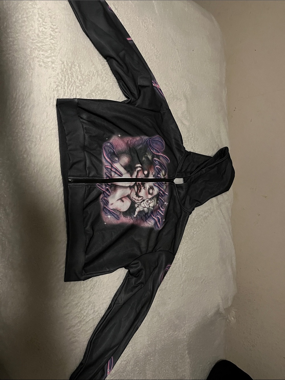 ROMWE Black Hooded Windbreaker with Pink Graphic